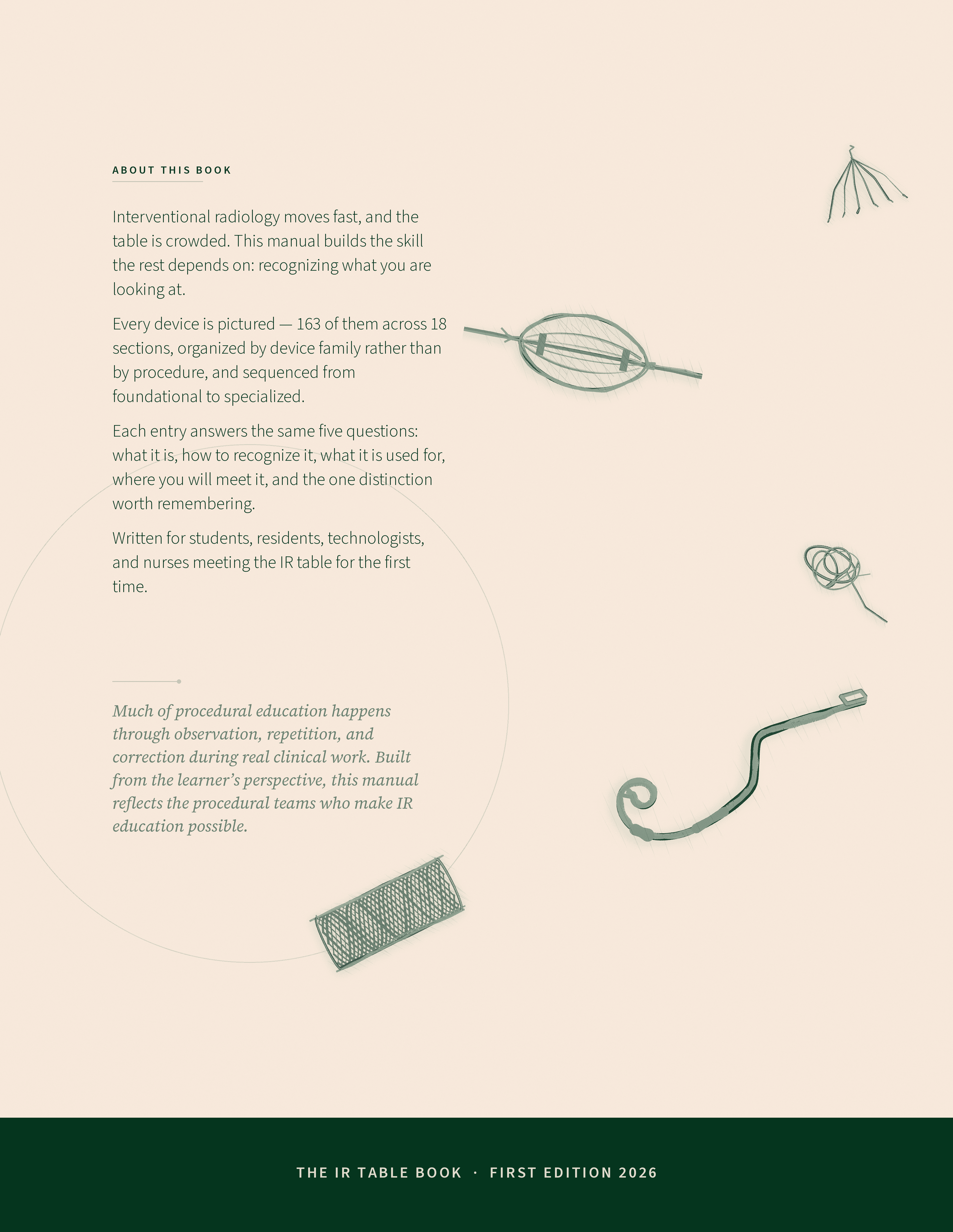 Back cover of The IR Table Book, with an overview and green line drawings of interventional radiology devices